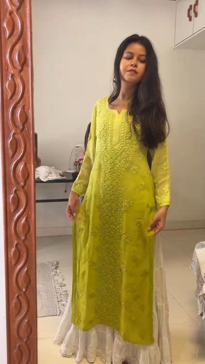 Chikankari Elegance Kurta and Flare Skirt Ensemble – Available in Lime Green & Hot Pink