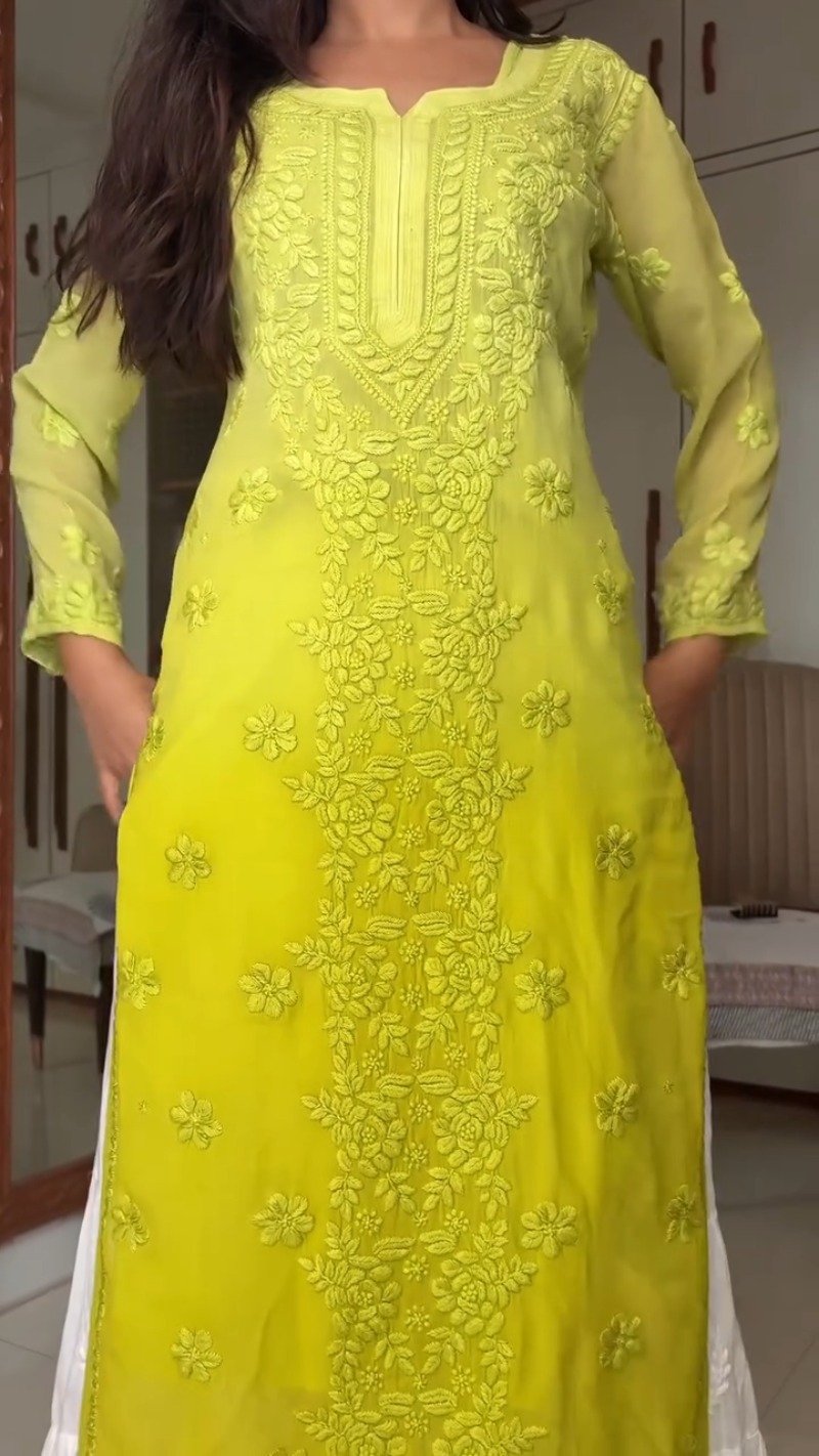 Chikankari Elegance Kurta and Flare Skirt Ensemble – Available in Lime Green & Hot Pink