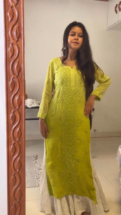 Chikankari Elegance Kurta and Flare Skirt Ensemble – Available in Lime Green & Hot Pink