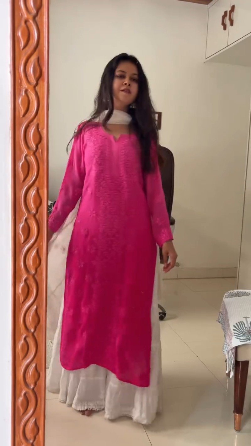 Chikankari Elegance Kurta and Flare Skirt Ensemble – Available in Lime Green & Hot Pink