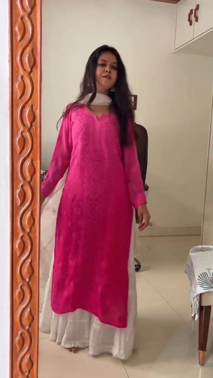 Chikankari Elegance Kurta and Flare Skirt Ensemble – Available in Lime Green & Hot Pink