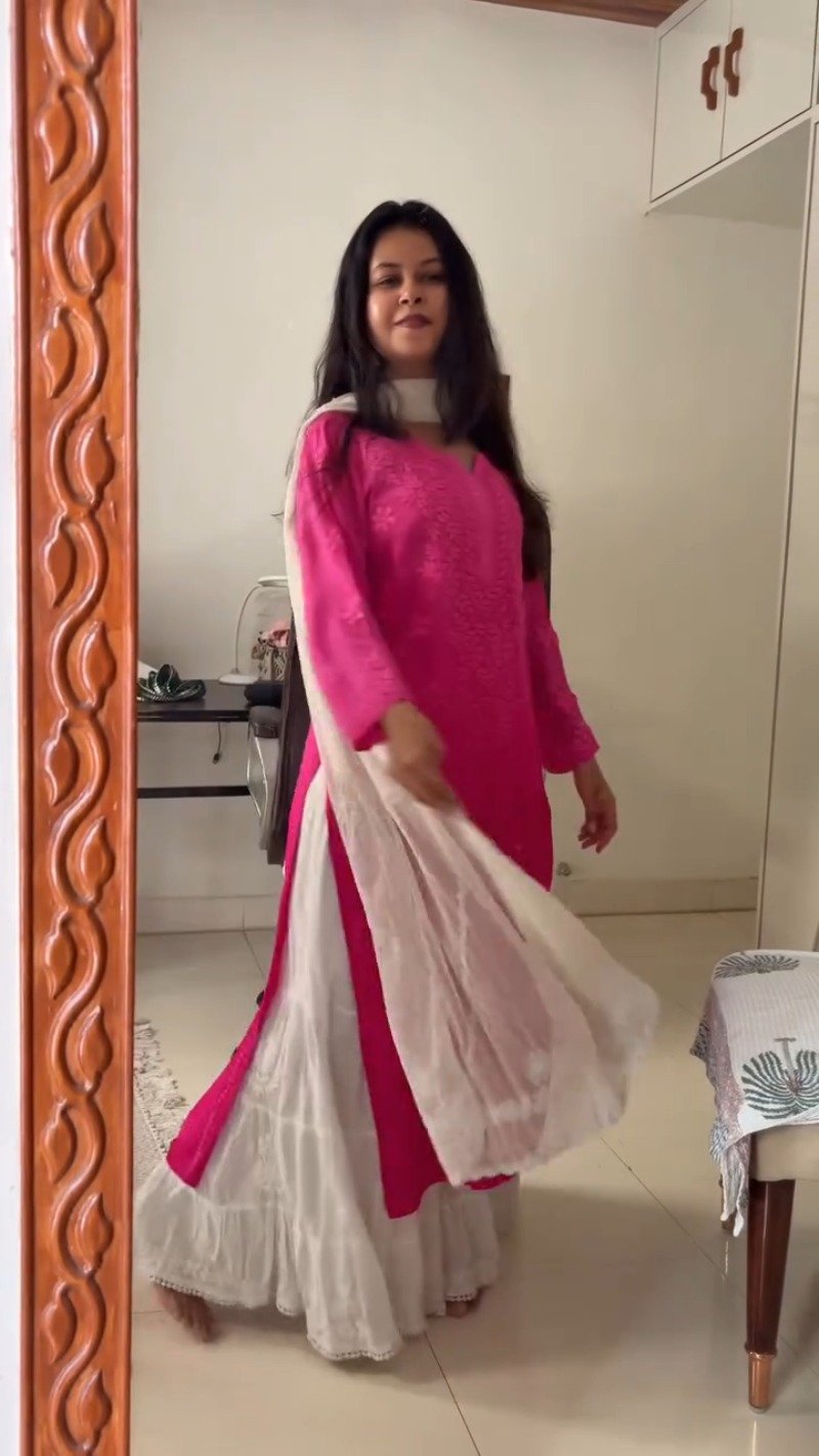 Chikankari Elegance Kurta and Flare Skirt Ensemble – Available in Lime Green & Hot Pink