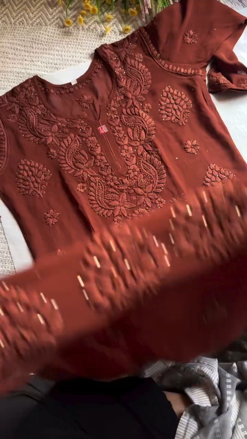 Chikankari Inspired Embroidered Georgette Kurta – Available in Magenta, Rust & Black