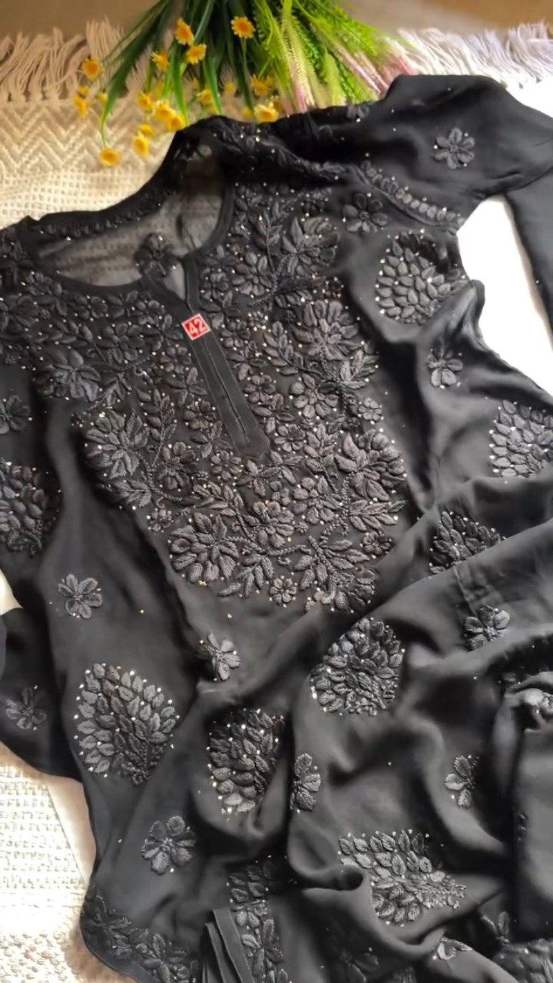 Chikankari Inspired Embroidered Georgette Kurta – Available in Magenta, Rust & Black