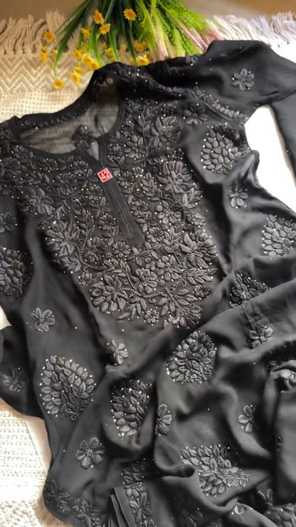 Chikankari Inspired Embroidered Georgette Kurta – Available in Magenta, Rust & Black