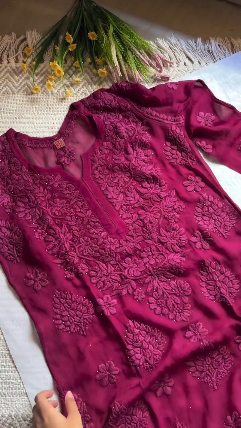 Chikankari Inspired Embroidered Georgette Kurta – Available in Magenta, Rust & Black