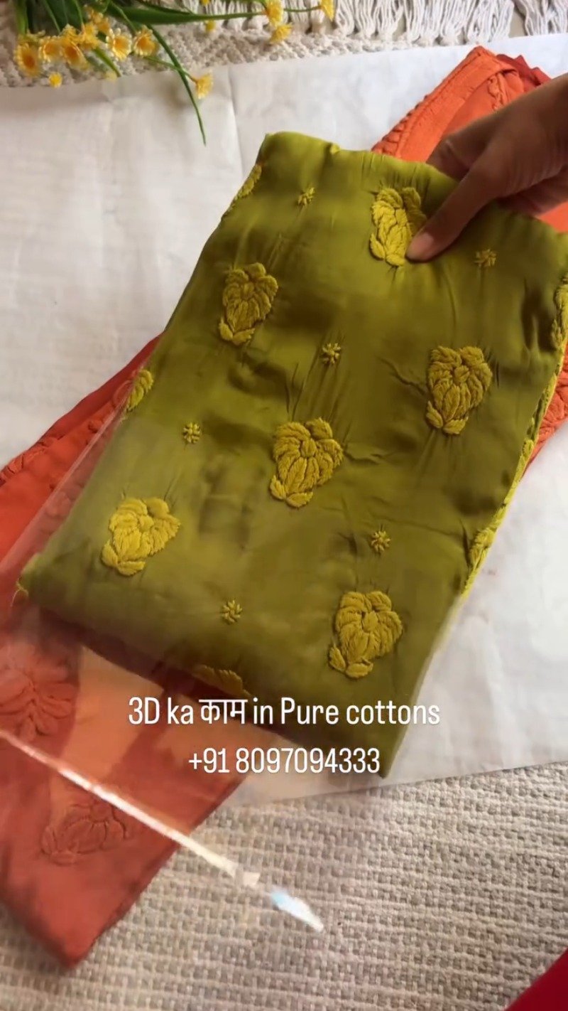 Exquisite 3D Floral Hand-Embroidered Pure Cotton Kurta – Available in Rust, Moss Green, Charcoal Grey, Maroon & Deep Mauve