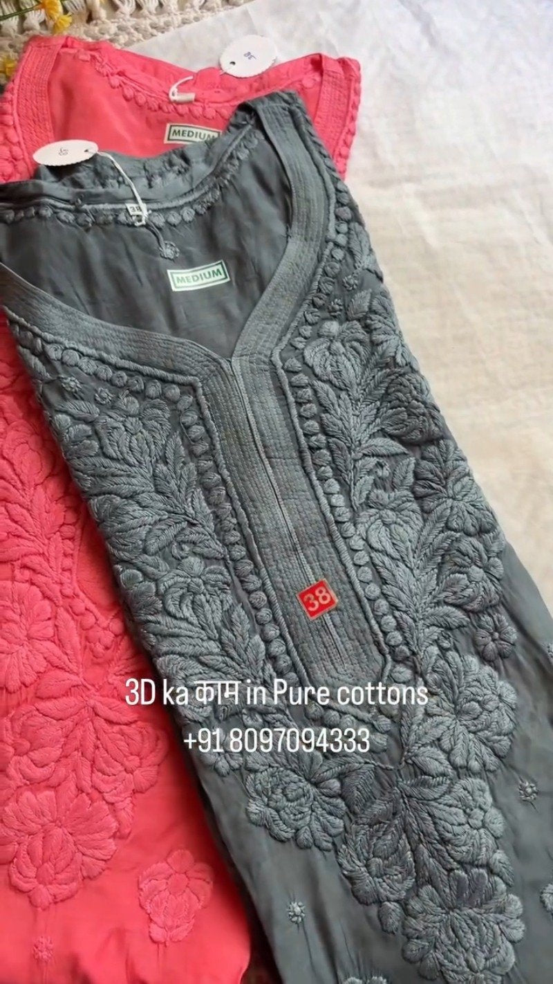 Exquisite 3D Floral Hand-Embroidered Pure Cotton Kurta – Available in Rust, Moss Green, Charcoal Grey, Maroon & Deep Mauve