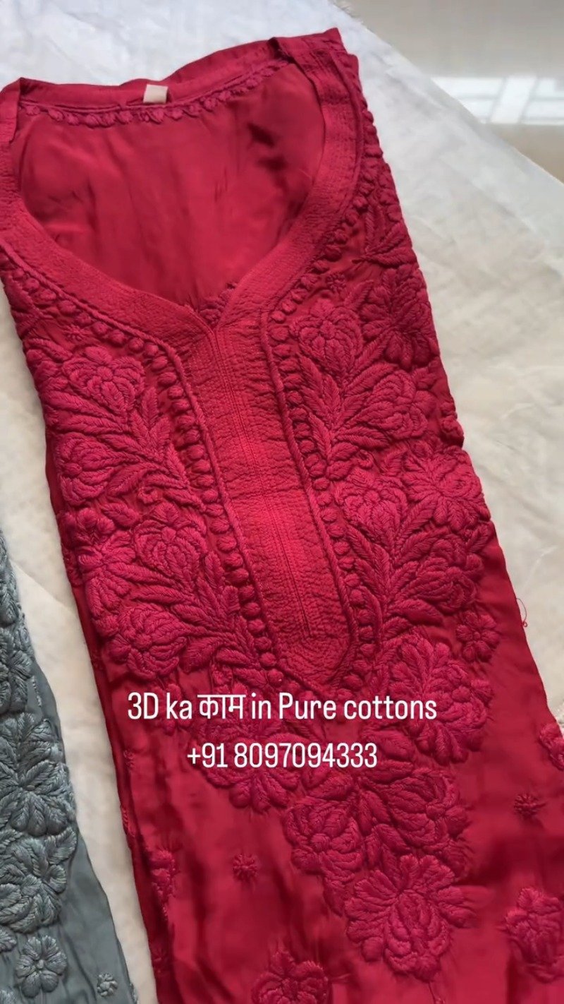 Exquisite 3D Floral Hand-Embroidered Pure Cotton Kurta – Available in Rust, Moss Green, Charcoal Grey, Maroon & Deep Mauve