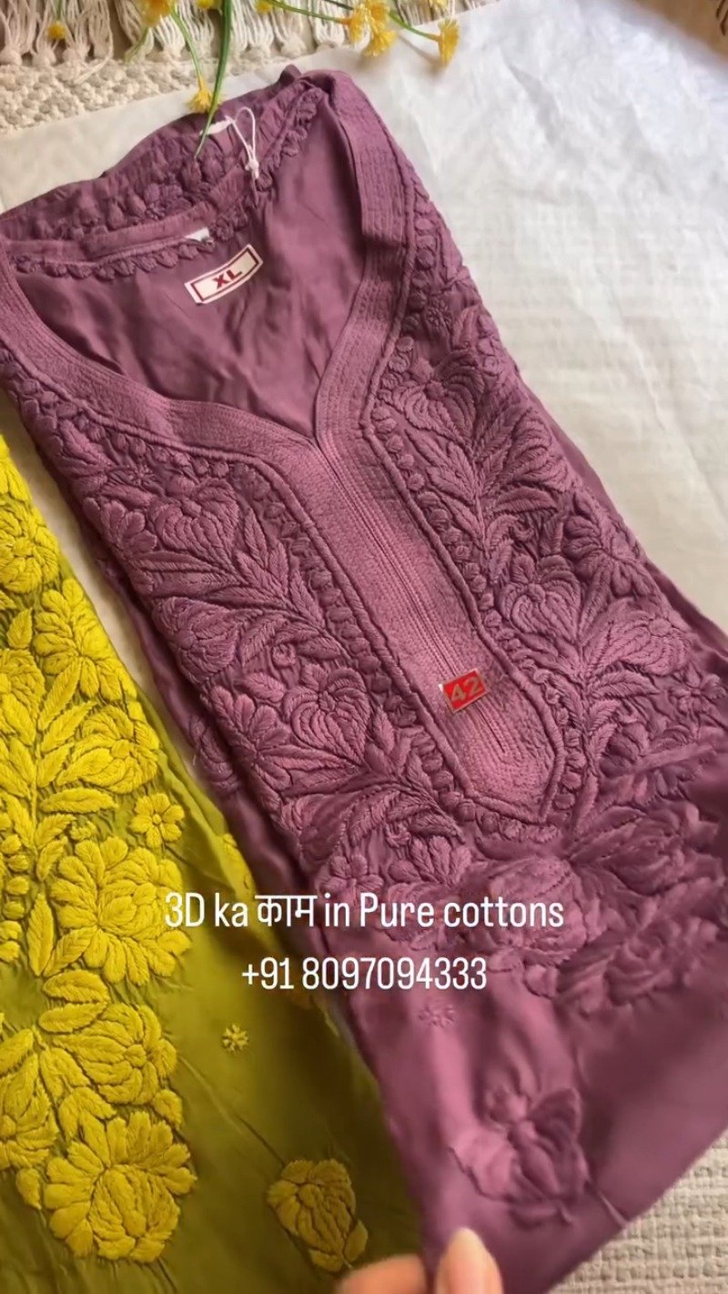 Exquisite 3D Floral Hand-Embroidered Pure Cotton Kurta – Available in Rust, Moss Green, Charcoal Grey, Maroon & Deep Mauve