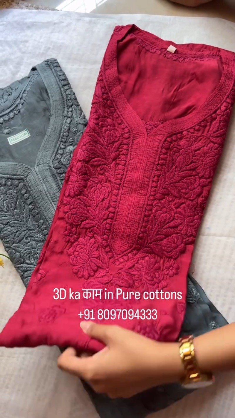 Exquisite 3D Floral Hand-Embroidered Pure Cotton Kurta – Available in Rust, Moss Green, Charcoal Grey, Maroon & Deep Mauve