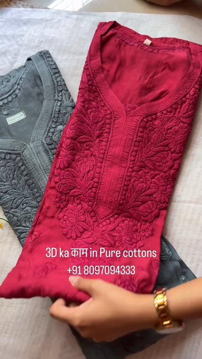 Exquisite 3D Floral Hand-Embroidered Pure Cotton Kurta – Available in Rust, Moss Green, Charcoal Grey, Maroon & Deep Mauve