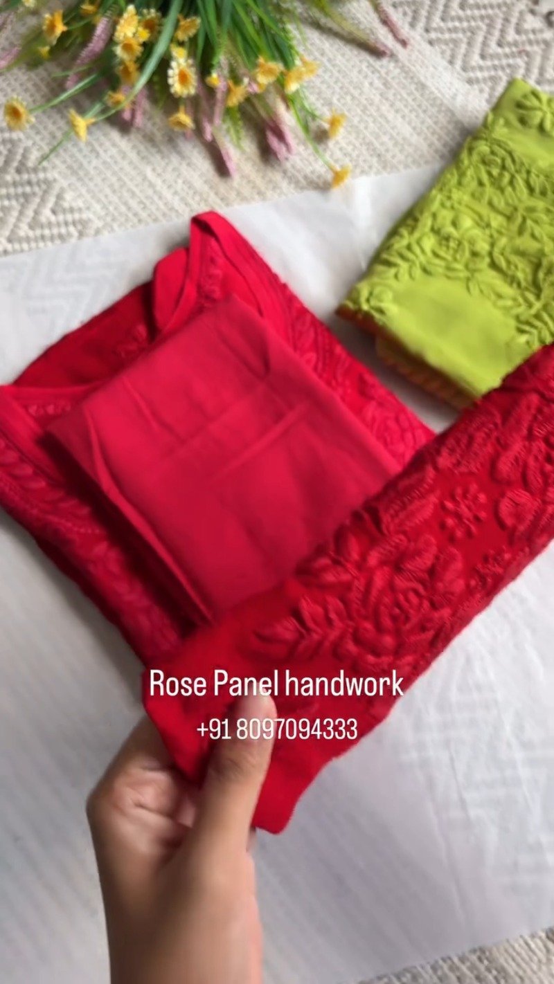 Rose Panel Hand-Embroidered Chikankari Kurta Set – Available in Midnight Blue, Crimson Red, and Lime Green