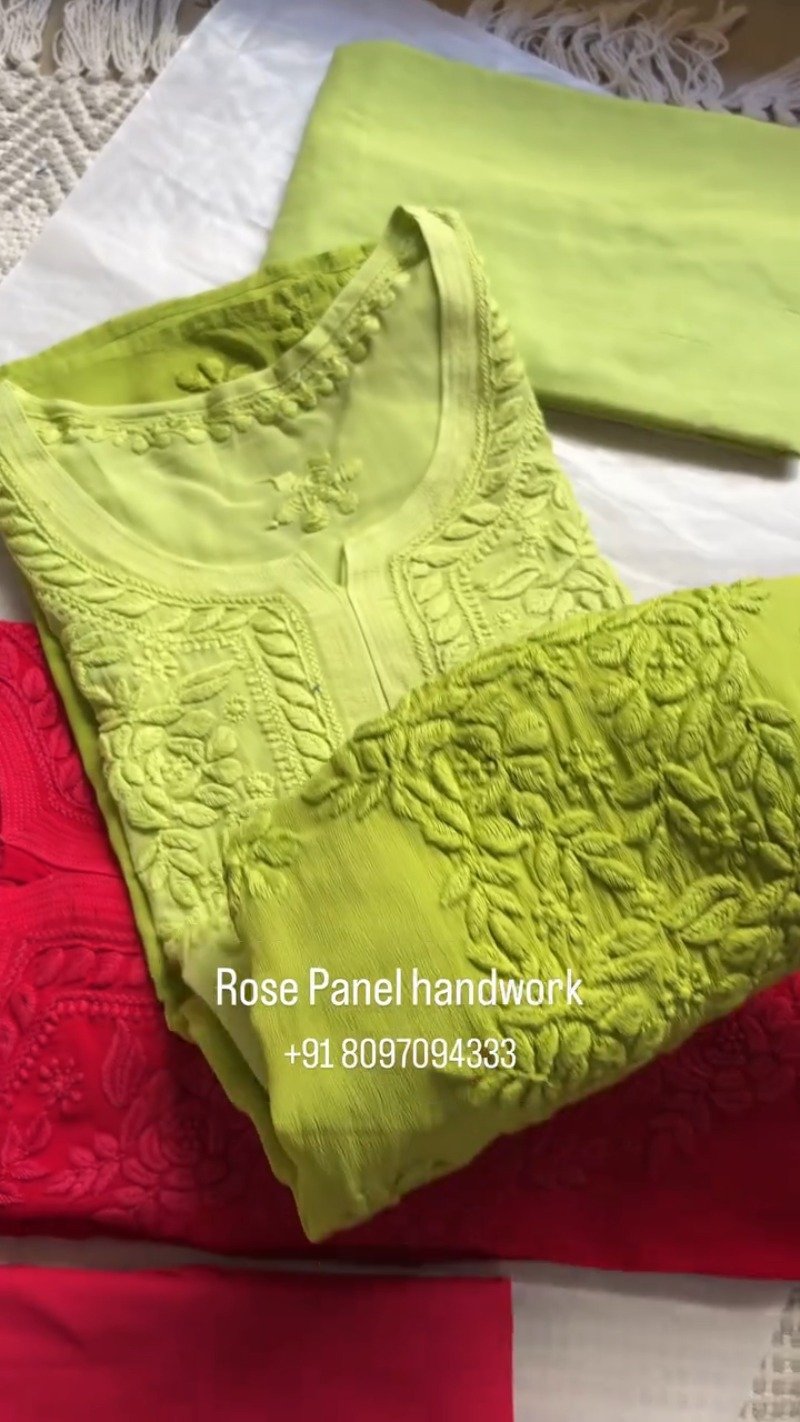 Rose Panel Hand-Embroidered Chikankari Kurta Set – Available in Midnight Blue, Crimson Red, and Lime Green