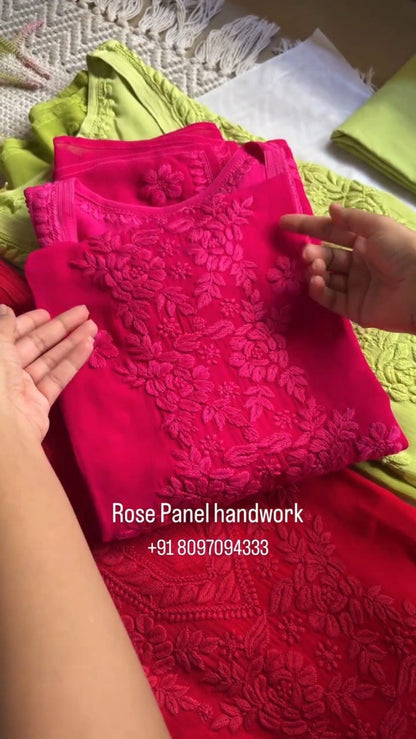 Rose Panel Hand-Embroidered Chikankari Kurta Set – Available in Midnight Blue, Crimson Red, and Lime Green