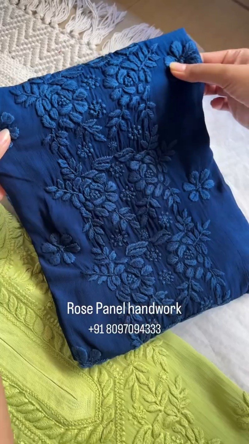 Rose Panel Hand-Embroidered Chikankari Kurta Set – Available in Midnight Blue, Crimson Red, and Lime Green