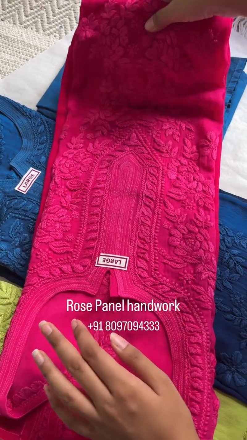 Rose Panel Hand-Embroidered Chikankari Kurta Set – Available in Midnight Blue, Crimson Red, and Lime Green