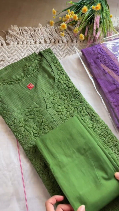 Exquisite Floral Threadwork Kurta Set with Matching Bottoms – Available in Sage Green, Crimson Red & Royal Purple