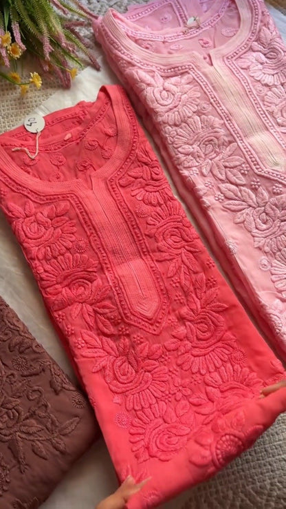 Exquisite Lucknowi Chikankari Hand-Embroidered Kurta – Available in Dusty Rose, Peach & Terracotta
