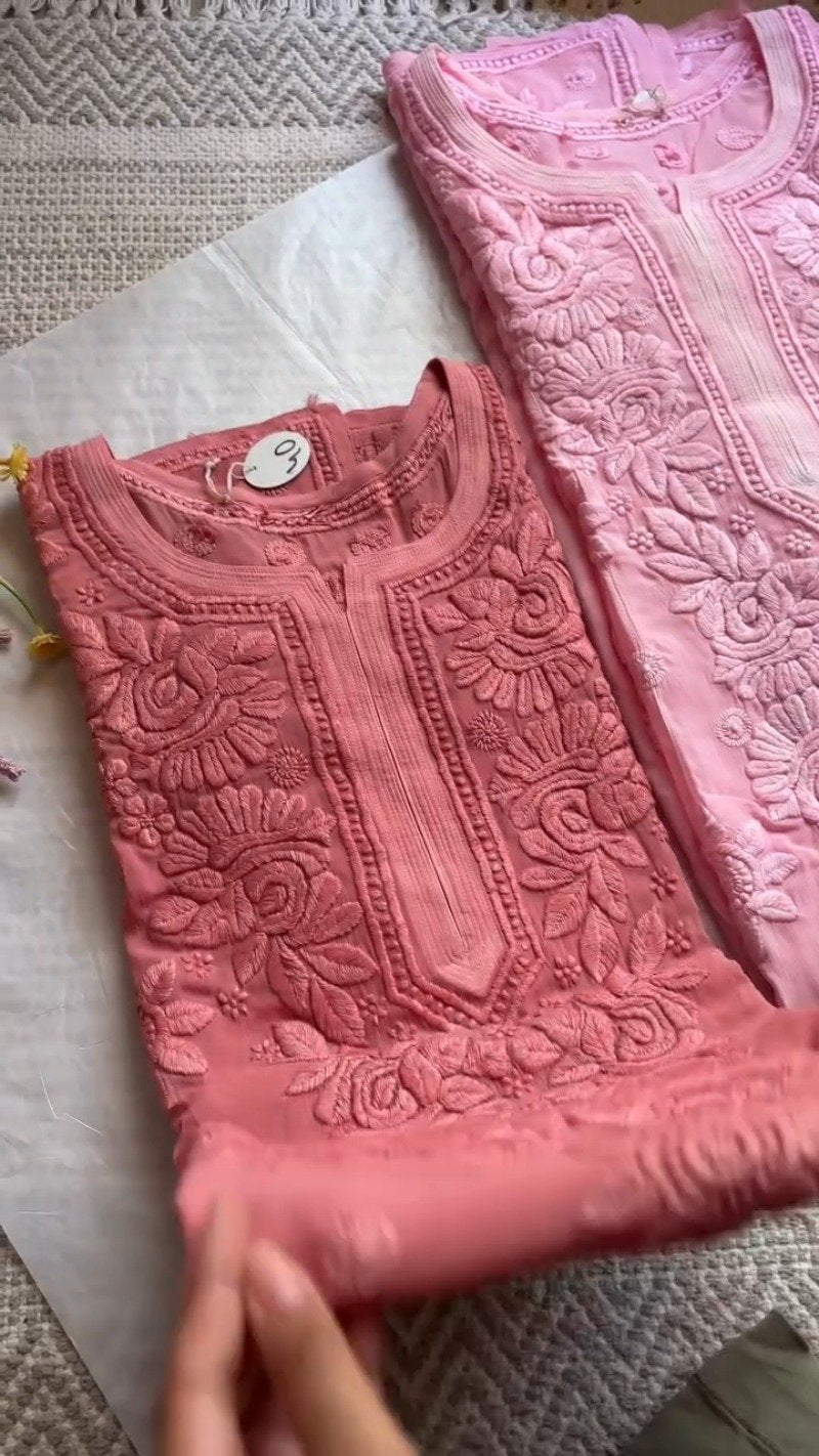 Exquisite Lucknowi Chikankari Hand-Embroidered Kurta – Available in Dusty Rose, Peach & Terracotta