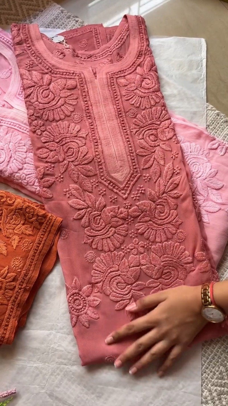 Exquisite Lucknowi Chikankari Hand-Embroidered Kurta – Available in Dusty Rose, Peach & Terracotta