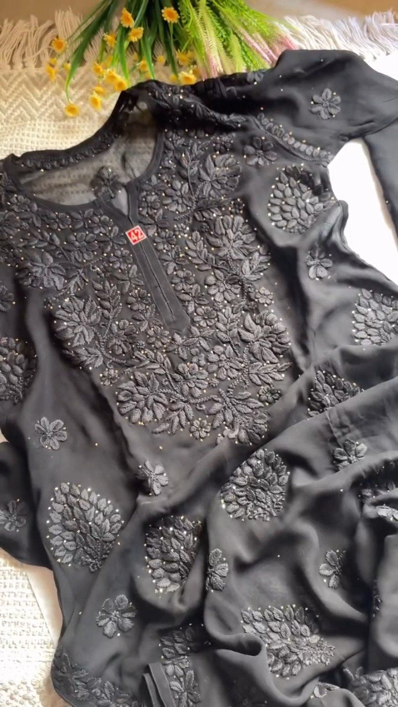 Chikankari Elegance Hand-Embroidered Georgette Kurta – Available in Plum, Black & Rust Orange