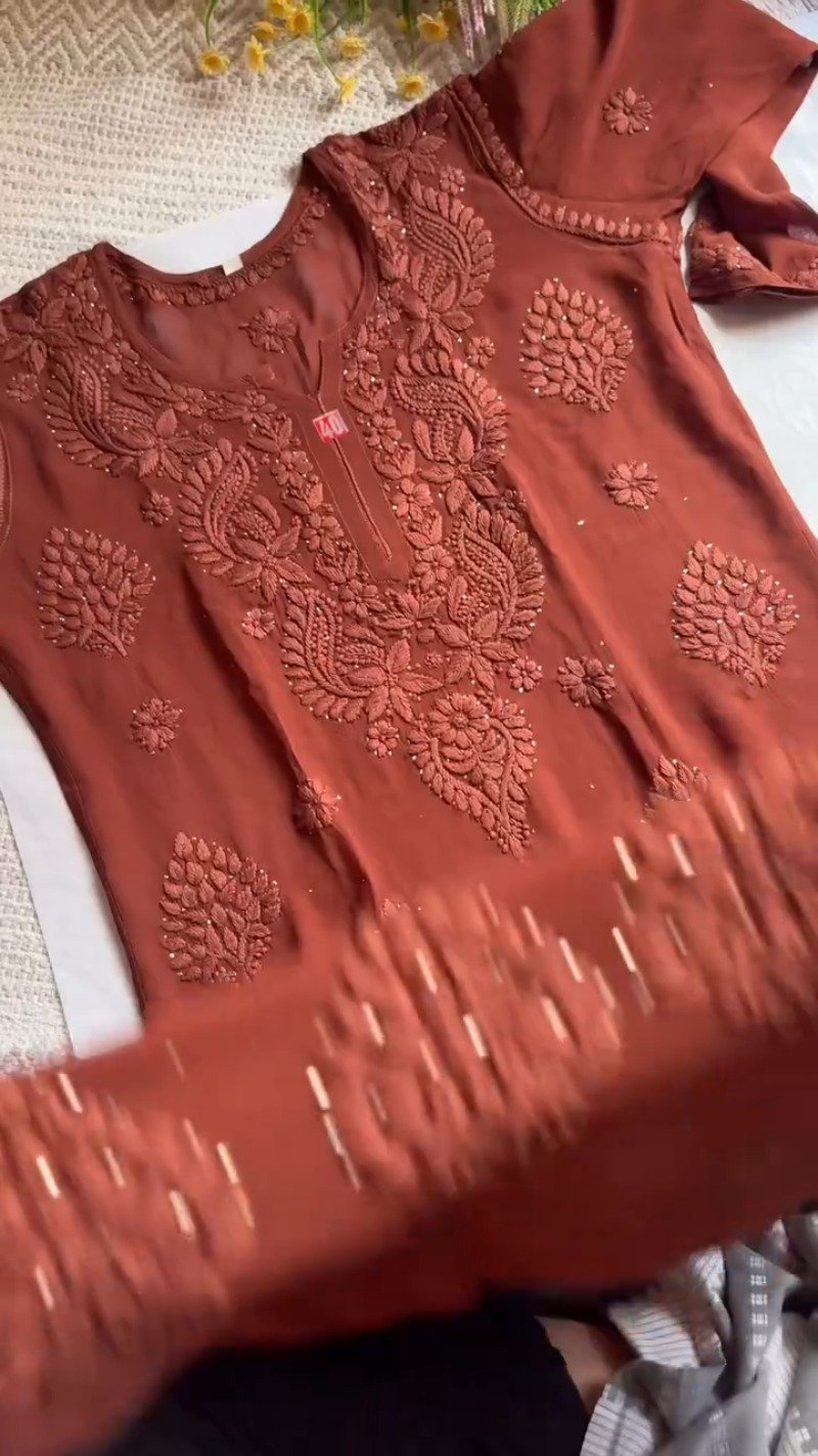Chikankari Elegance Hand-Embroidered Georgette Kurta – Available in Plum, Black & Rust Orange