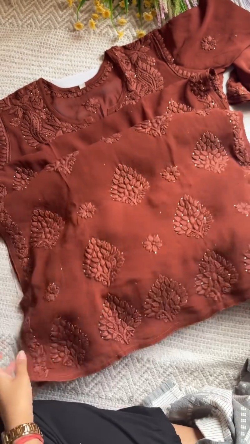 Chikankari Elegance Hand-Embroidered Georgette Kurta – Available in Plum, Black & Rust Orange