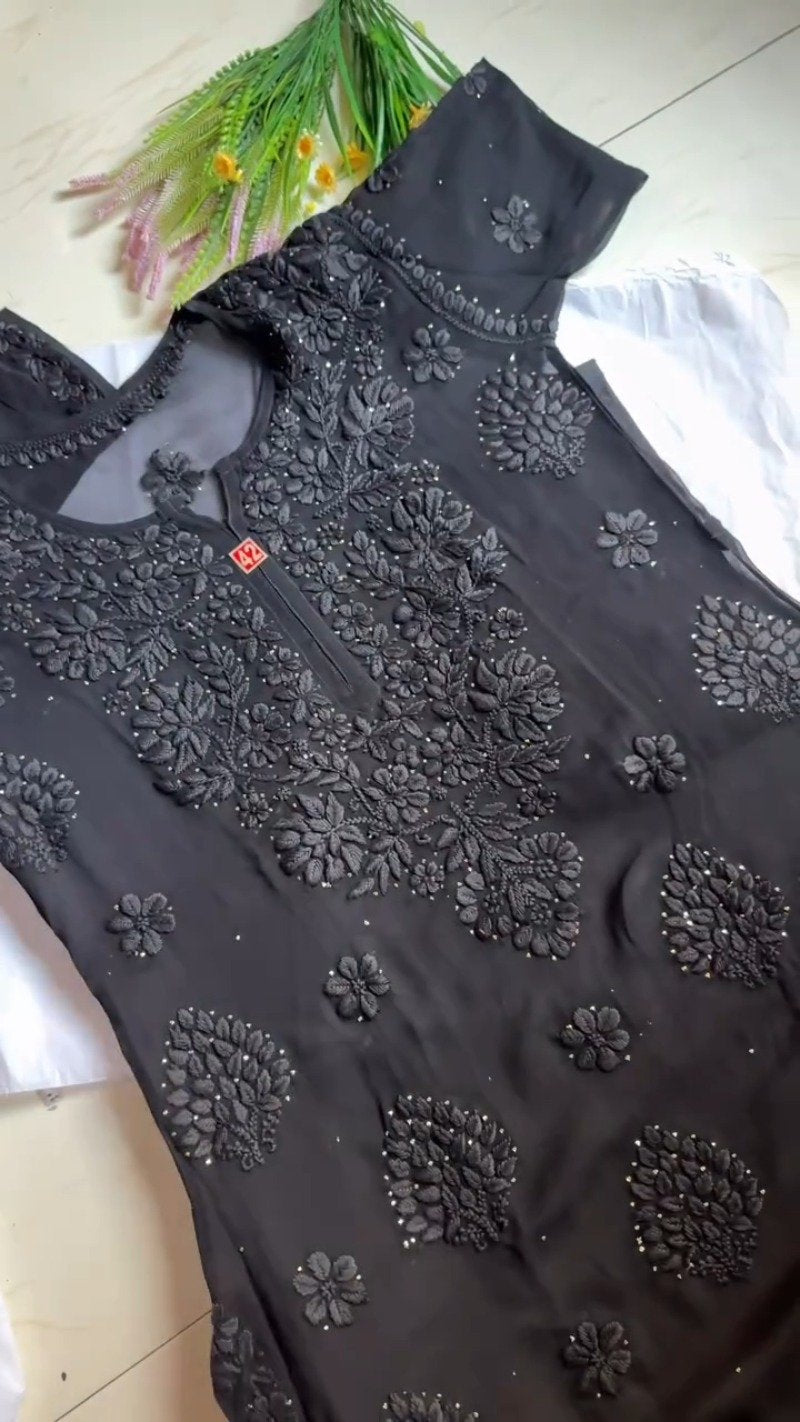 Chikankari Elegance Hand-Embroidered Georgette Kurta – Available in Plum, Black & Rust Orange