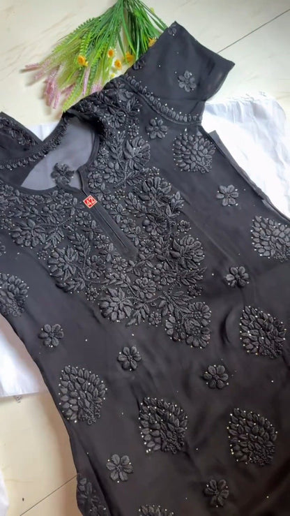Chikankari Elegance Hand-Embroidered Georgette Kurta – Available in Plum, Black & Rust Orange