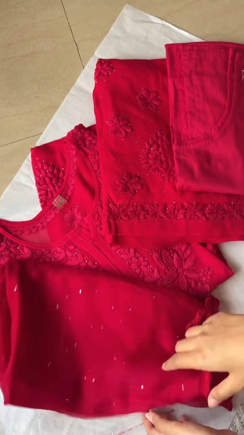 Radiant Crimson Chikankari Embroidered Kurta Set with Embellished Dupatta