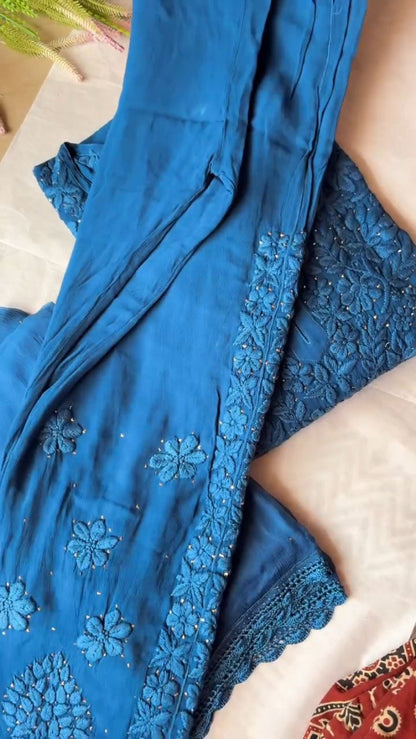 Midnight Sapphire Chikankari Georgette Kurta Set with Intricate Mirror Accents