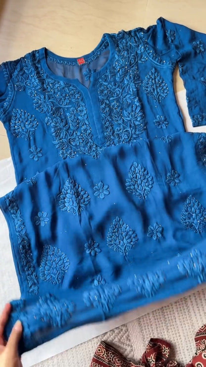 Midnight Sapphire Chikankari Georgette Kurta Set with Intricate Mirror Accents