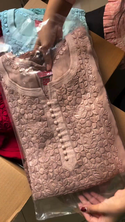 Exquisite Floral Threadwork Chikankari Kurta Set – Available in Dusty Rose, Mocha Brown & Sky Blue