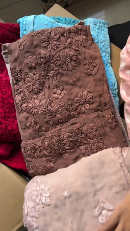 Exquisite Floral Threadwork Chikankari Kurta Set – Available in Dusty Rose, Mocha Brown & Sky Blue