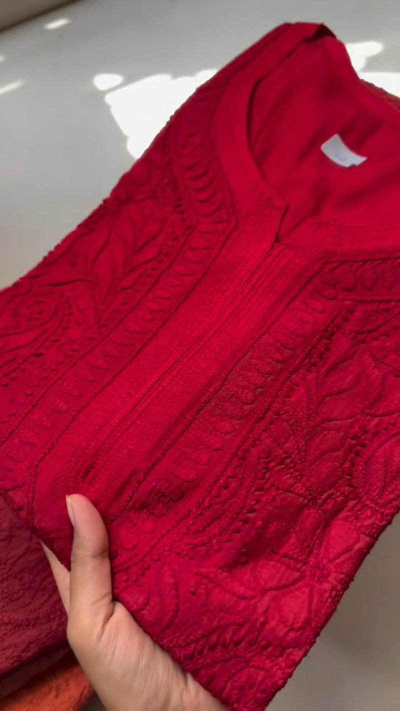 Exquisite Lucknowi Chikankari Embroidered Kurta – Available in Teal, Olive Green, Crimson Red & Dusty Rose