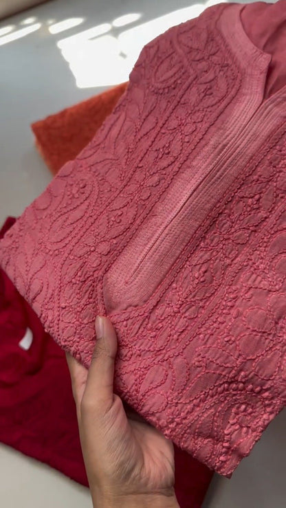 Exquisite Lucknowi Chikankari Embroidered Kurta – Available in Teal, Olive Green, Crimson Red & Dusty Rose