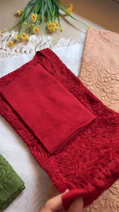 Exquisite Hand-Embroidered Chikan Work Kurta Set – Available in Olive, Crimson, Orchid, Peach & Rose Pink