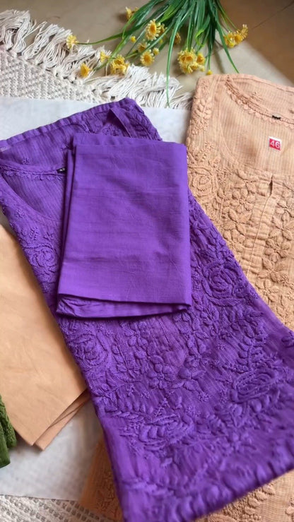 Exquisite Hand-Embroidered Chikan Work Kurta Set – Available in Olive, Crimson, Orchid, Peach & Rose Pink