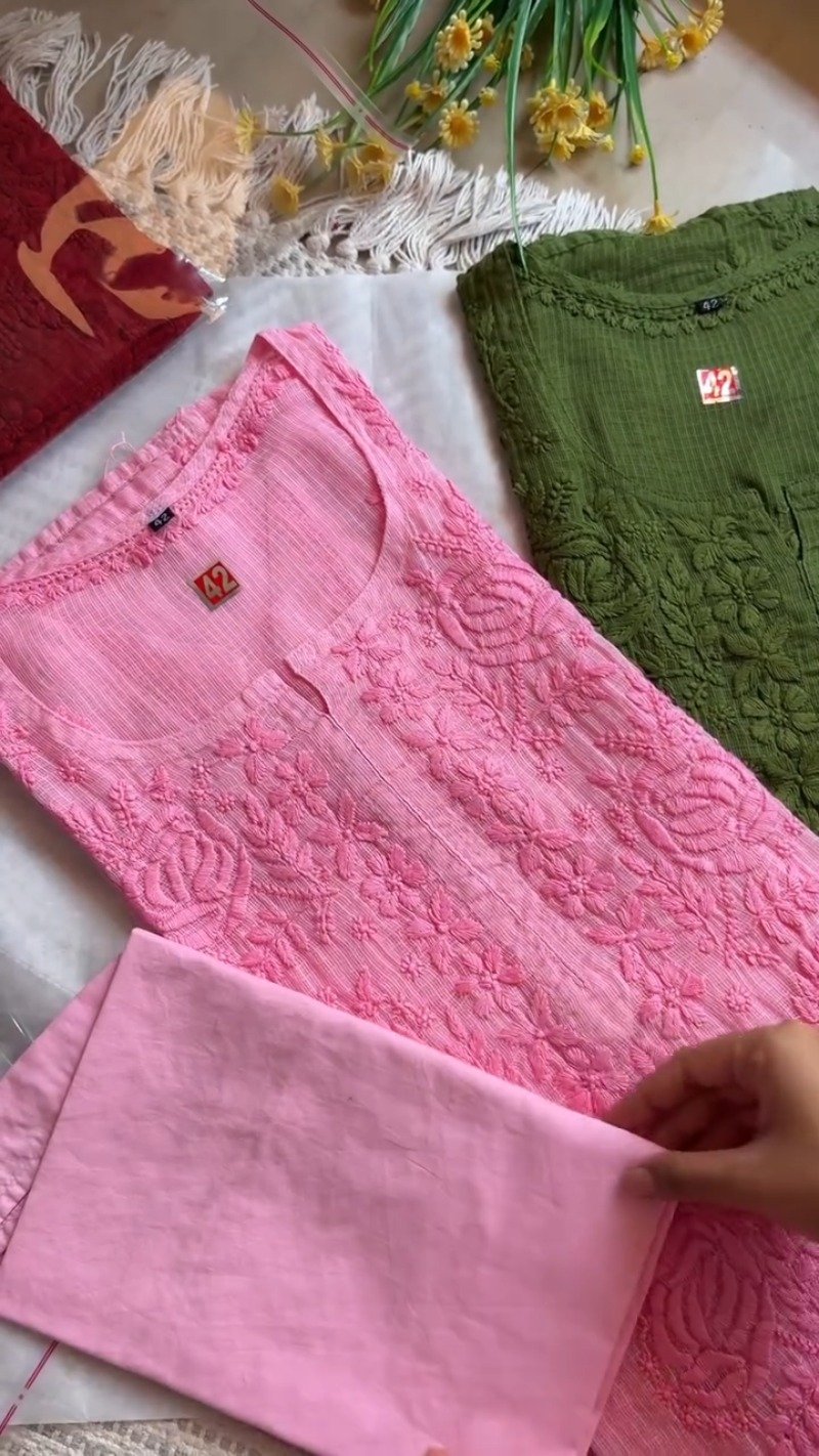 Exquisite Hand-Embroidered Chikan Work Kurta Set – Available in Olive, Crimson, Orchid, Peach & Rose Pink