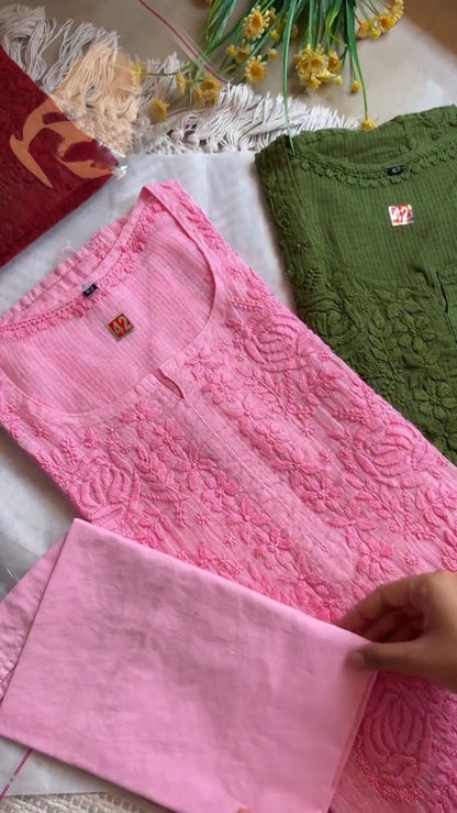 Exquisite Hand-Embroidered Chikan Work Kurta Set – Available in Olive, Crimson, Orchid, Peach & Rose Pink