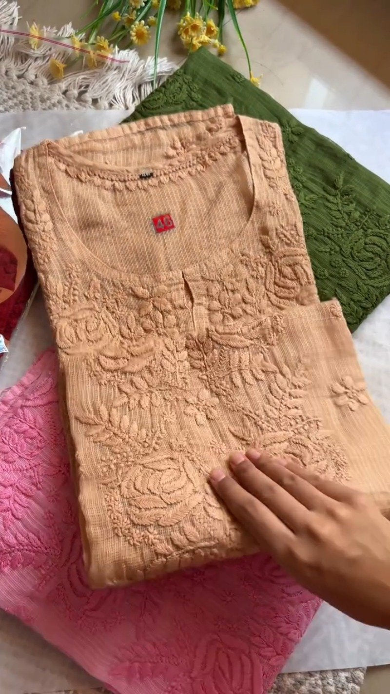 Exquisite Hand-Embroidered Chikan Work Kurta Set – Available in Olive, Crimson, Orchid, Peach & Rose Pink