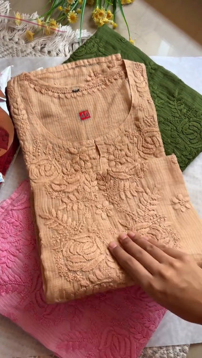 Exquisite Hand-Embroidered Chikan Work Kurta Set – Available in Olive, Crimson, Orchid, Peach & Rose Pink