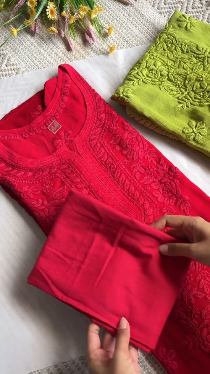Chikankari Hand-Embroidered Kurta Set – Available in Lime Green, Crimson Red & Royal Blue