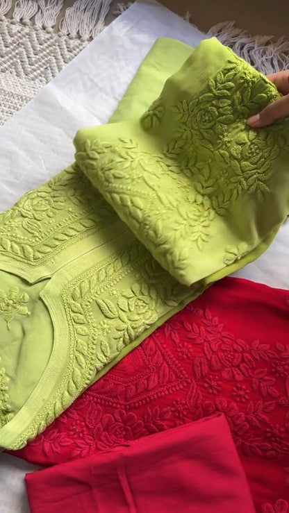 Chikankari Hand-Embroidered Kurta Set – Available in Lime Green, Crimson Red & Royal Blue