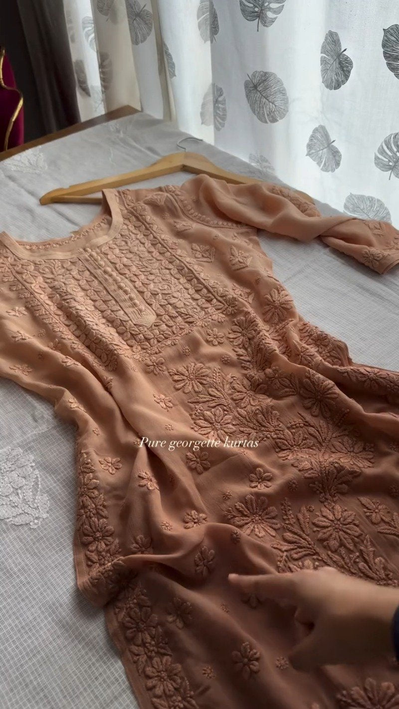 Graceful Peach Chikankari Pure Georgette Kurta