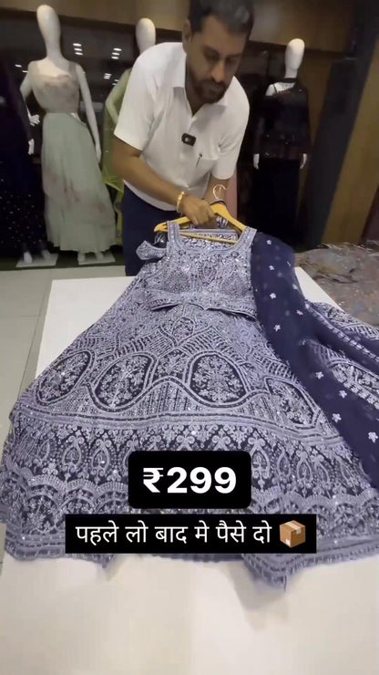 Women's Lavender Net Sequins and Zarkan embroidery Semi-Stitched Lehenga choli & Dupatta