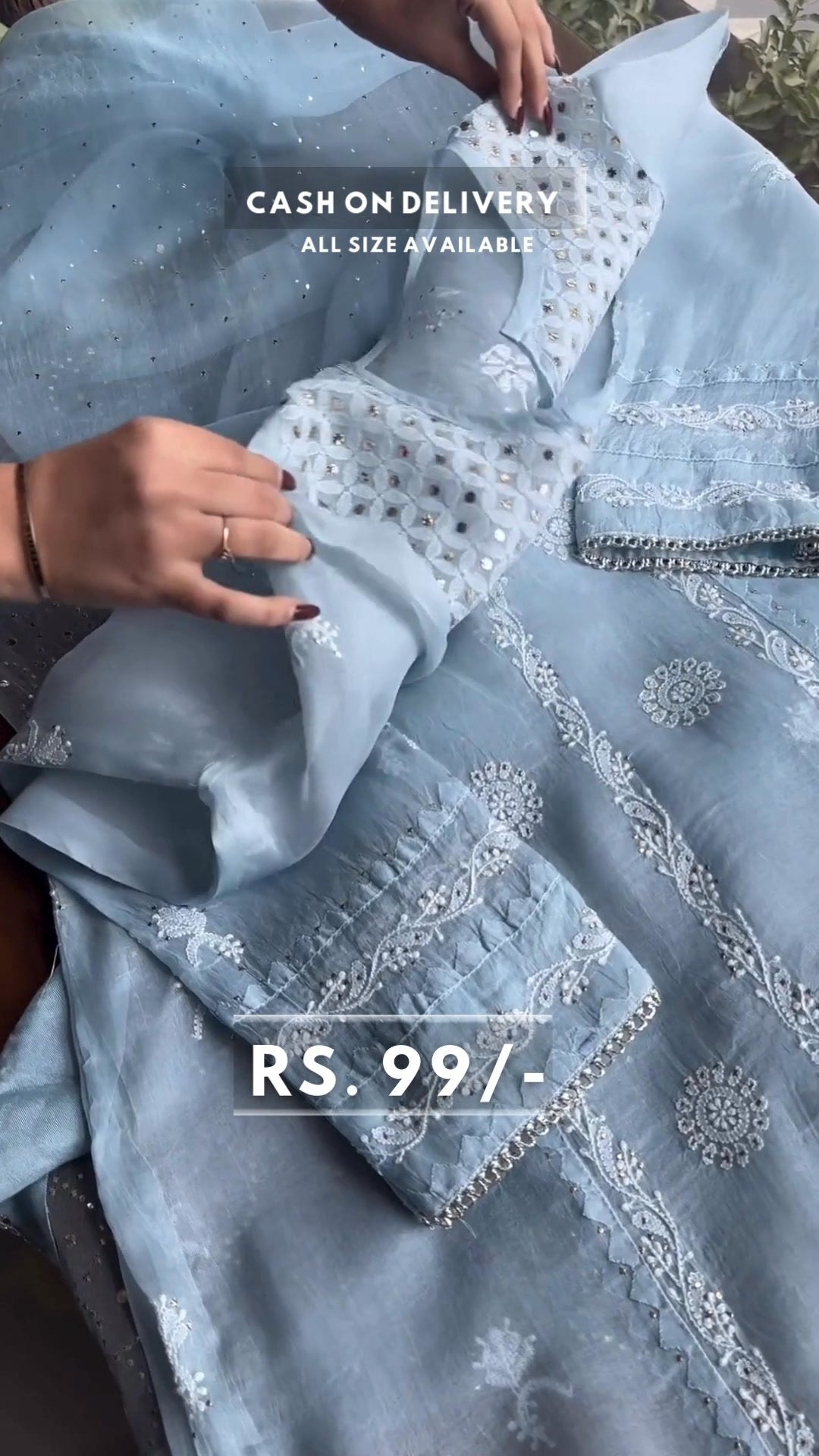 Sky Blue Color Tabby Organza Silk Wear Suit For Girls