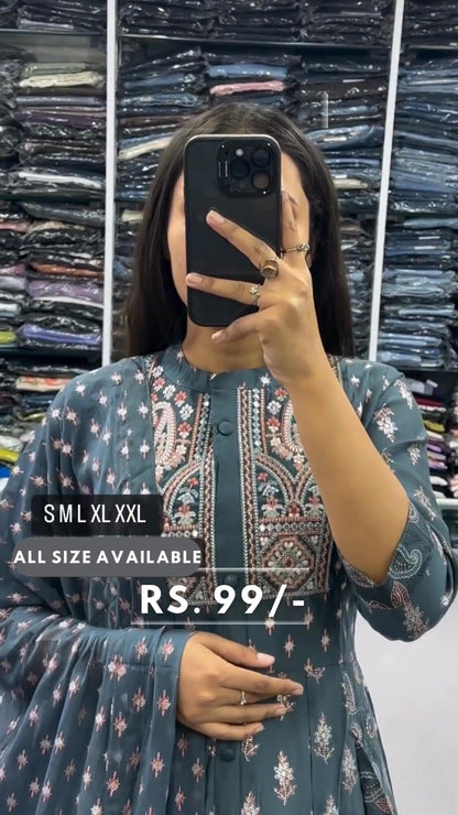 Women printed gown with pant and dupatta set