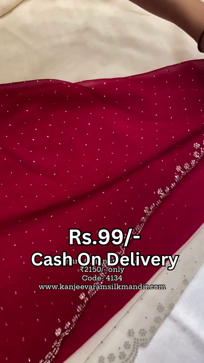 Ivory Starlight Saree with Ruby Velvet Accents